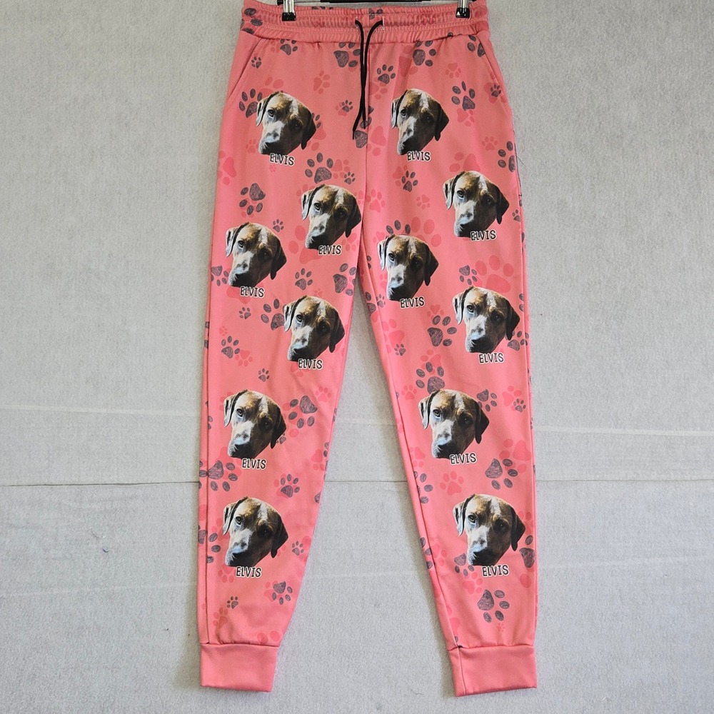 Custom Dog Elvis Photo Print Pink Jogger Sweatpants Medium Fleece Lined B382